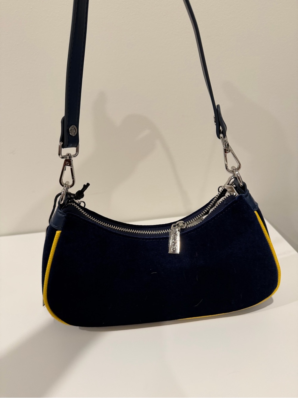 Von Dutch Navy Velvet Shoulder Bag with Yellow Logo - Picture 3 of 3